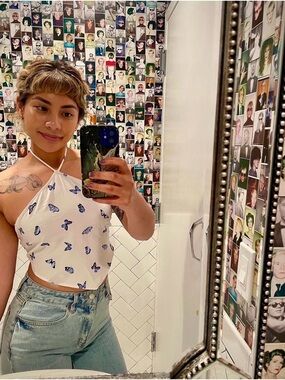 2 for $10 Divided White Halter Butterfly Print Crop Top